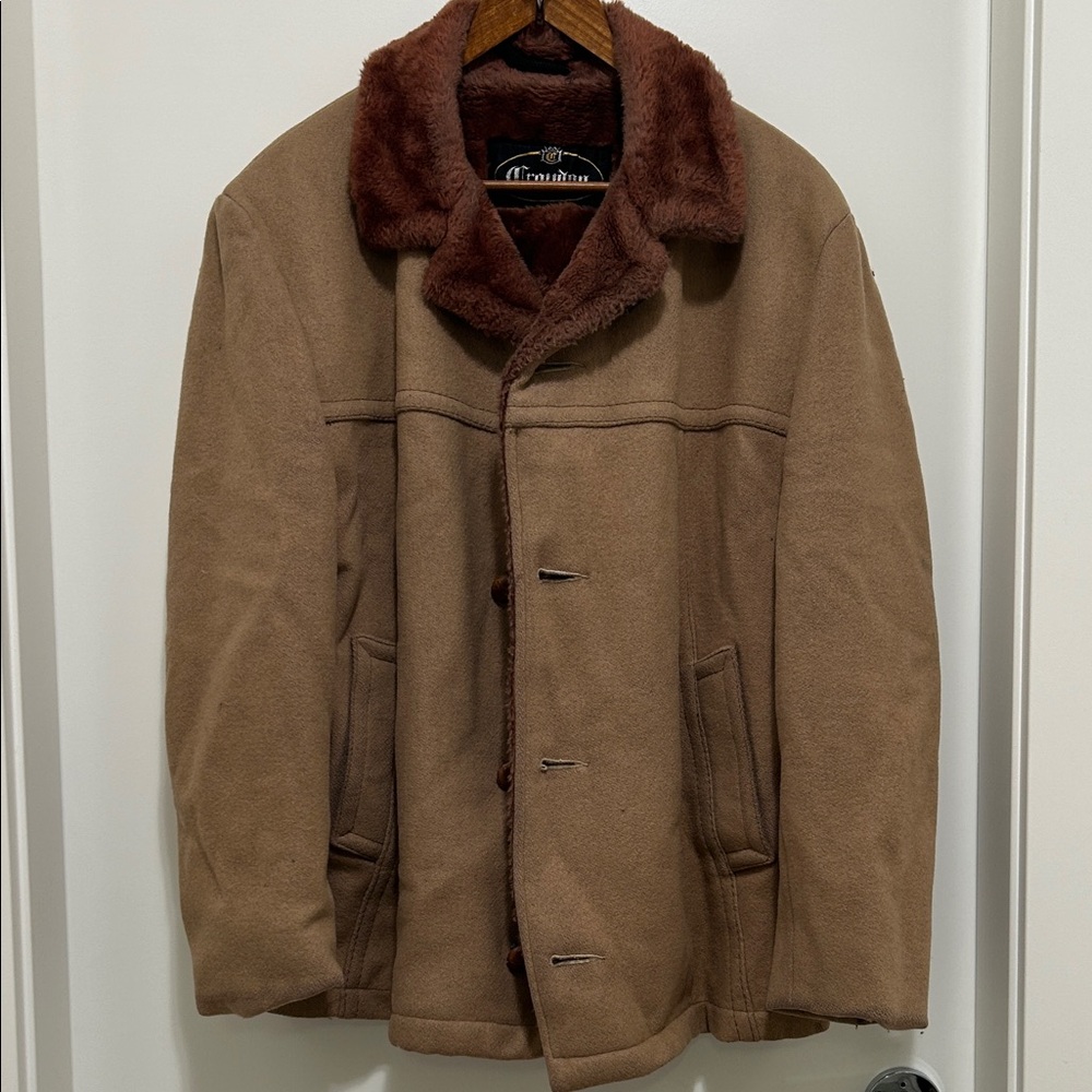Brown Men's Military Style Jacket with Faux Fur Collar